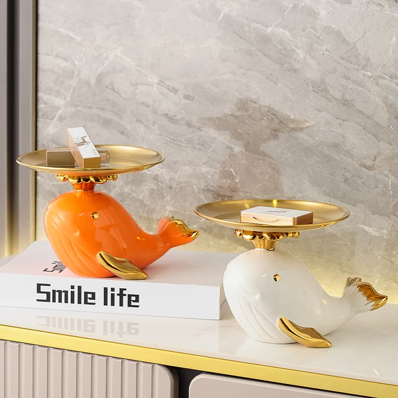 

Nordic Home Decor Ceramic Cartoon Whale Figurine Porch Key Storage Box Candy Jewelry Storage Tray Room Decoration Accessories