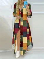 2025 New Women's Mid-Length Shirt Dresses Outdoor Daily Dating Fashion Long Sleeve Dresses Geometric Plaid Loose Fit Dresses