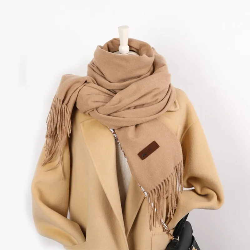 

2024 Olid Color Imitation Cashmere Scarf with Added Velvet and Thickened Shawl Winter Korean Version for Warmth Preservation