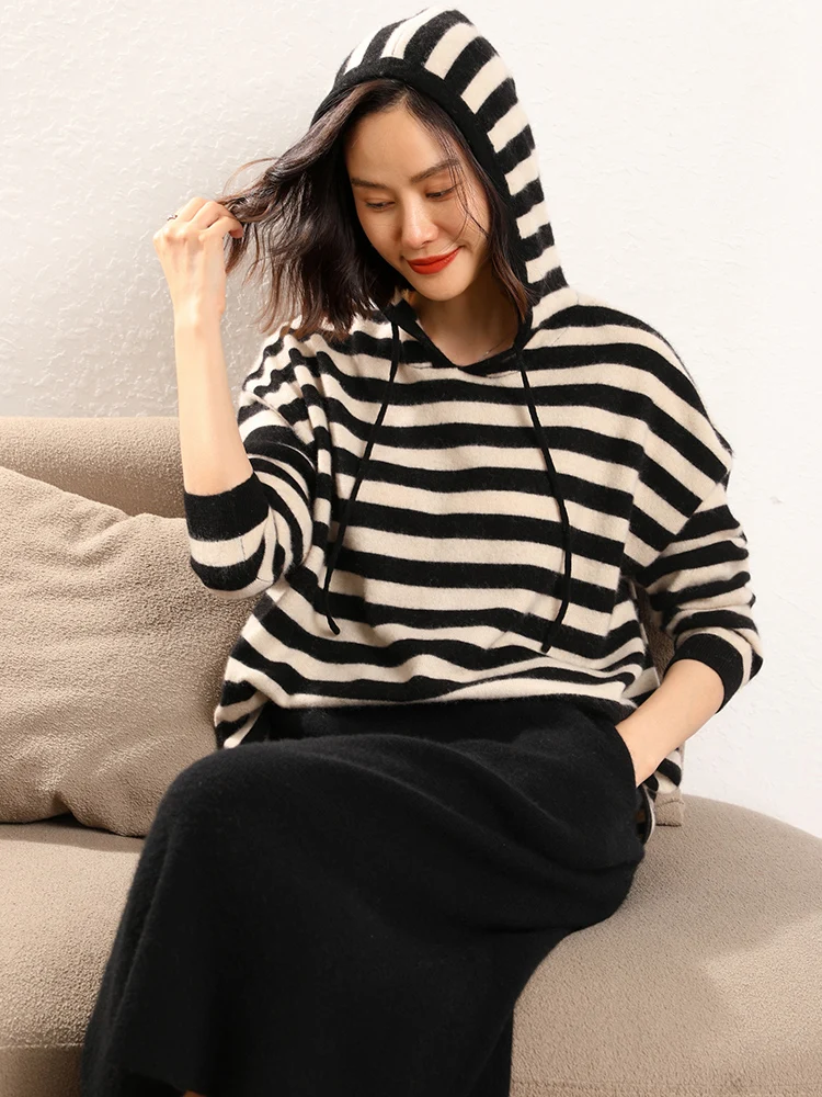 High Quality Women Cashmere Sweater For Autumn Winter 100% Cashmere Knitwear Soft Loose Hoodies Striped Pullover Female Cloth
