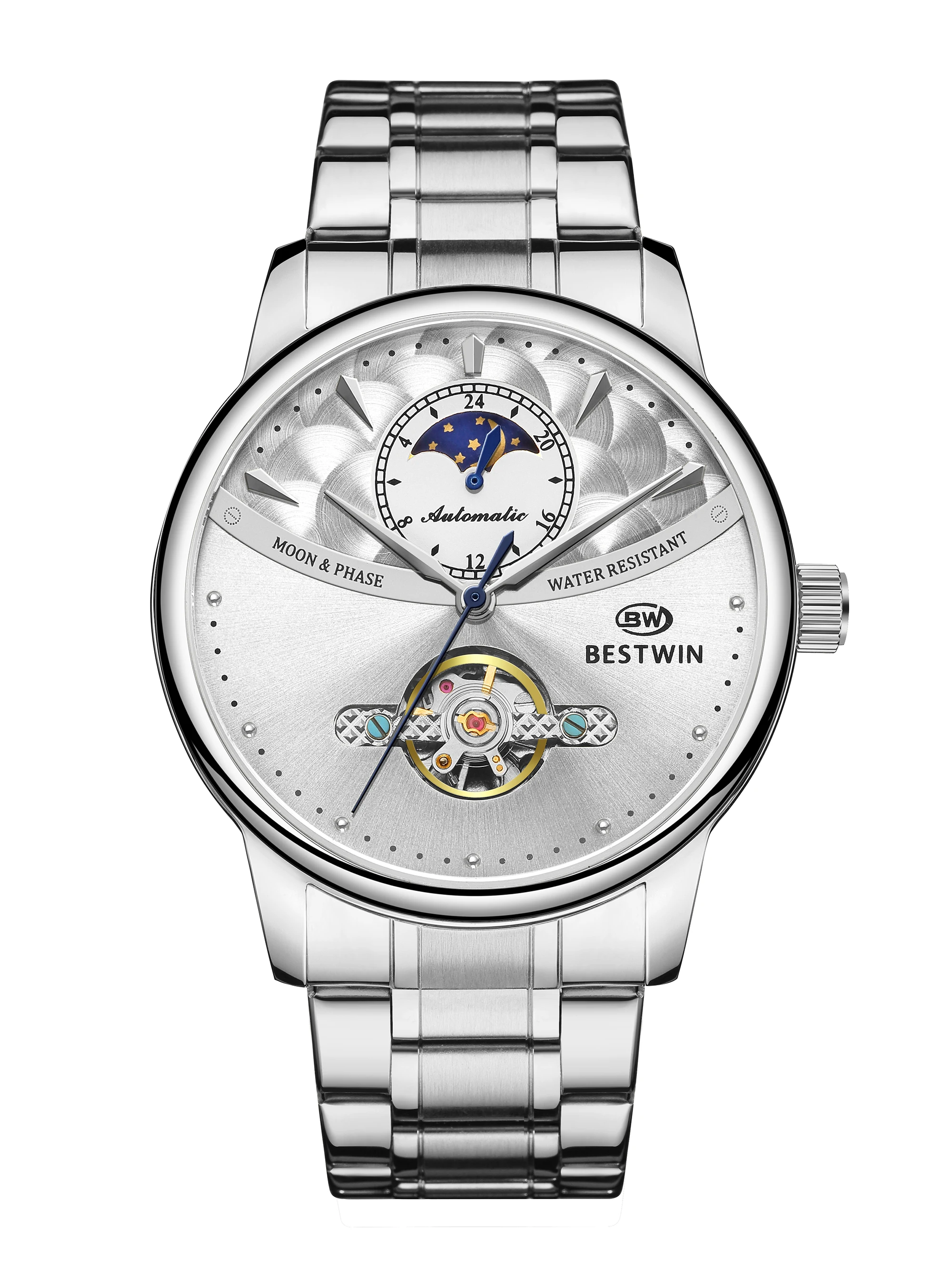 Top Men Watch Automatic Mechanical Tourbillon Sun Moon Clock White Business Stainless Steel Band Wristwatch Relojes Hombre 2023