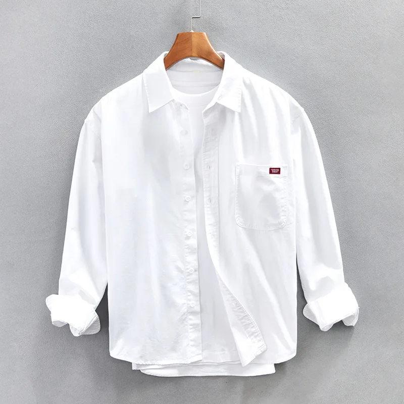 

Z775 Spring Fall Fashion Men Solid Color Long Sleeve Simple Basics White Shirt Casual Daily Essential Lapel Blouse Delicate Tops
