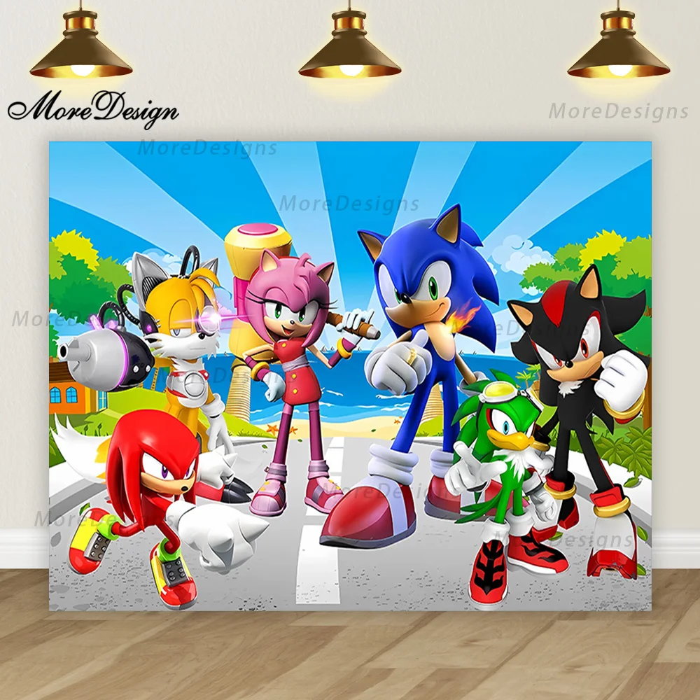 thumbnail image 1 of Banner de cumpleaños de Sonic para niños, fiesta de niños, fotografía de fondo, decoración de dibujos animados, fondo de tela de poliéster y vinilo, 1 of 5