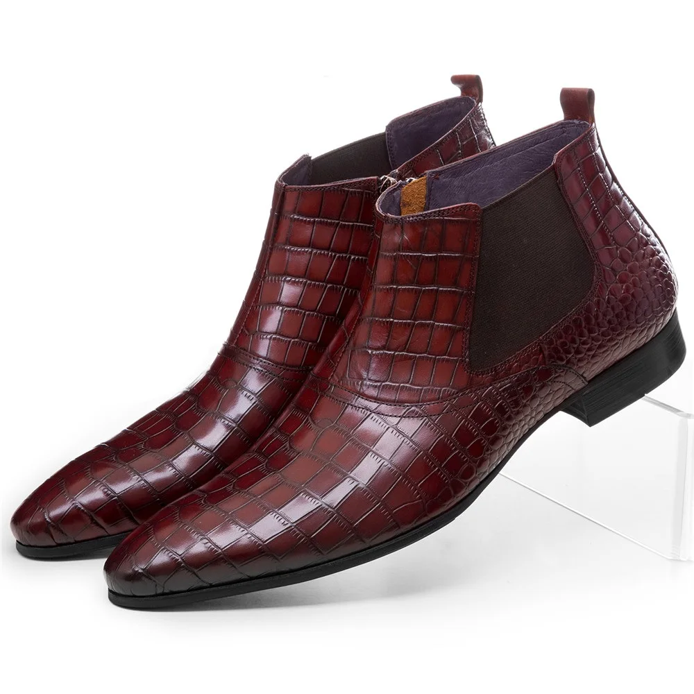 Men Crocodile Grained Retro Chelsea Boots Genuine Leather Business Dress Shoes