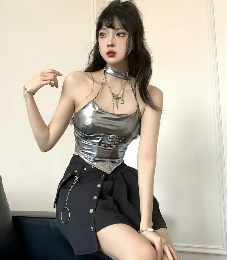 Summer new high-end feeling pure desire silver V-shaped waist cinching spicy girl hanging neck suspender tank top, feminine bra