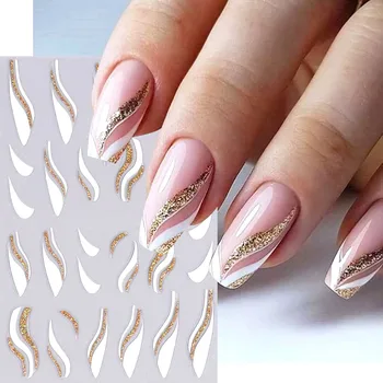 1 pz oro glitter design francese adesivi per unghie bianco argento linee curve strisce onda decalcomanie per unghie slider riflettenti involucri per manicure 1