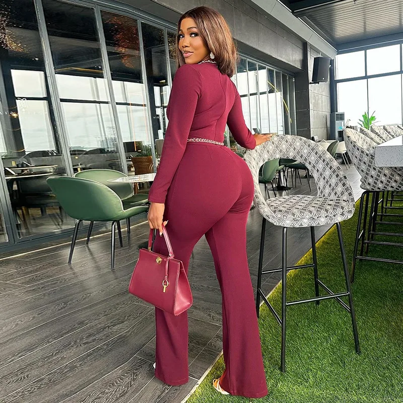 2024 spring new temperament hollow long sleeve slim high waist wide leg trousers jumpsuit