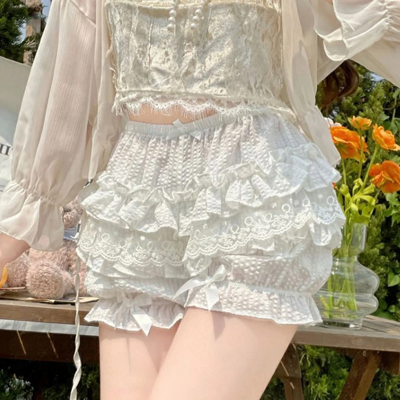 Black White Lolita Short Ruffle Knickers Lace Panties,Nylon Bloomer Slip Pants