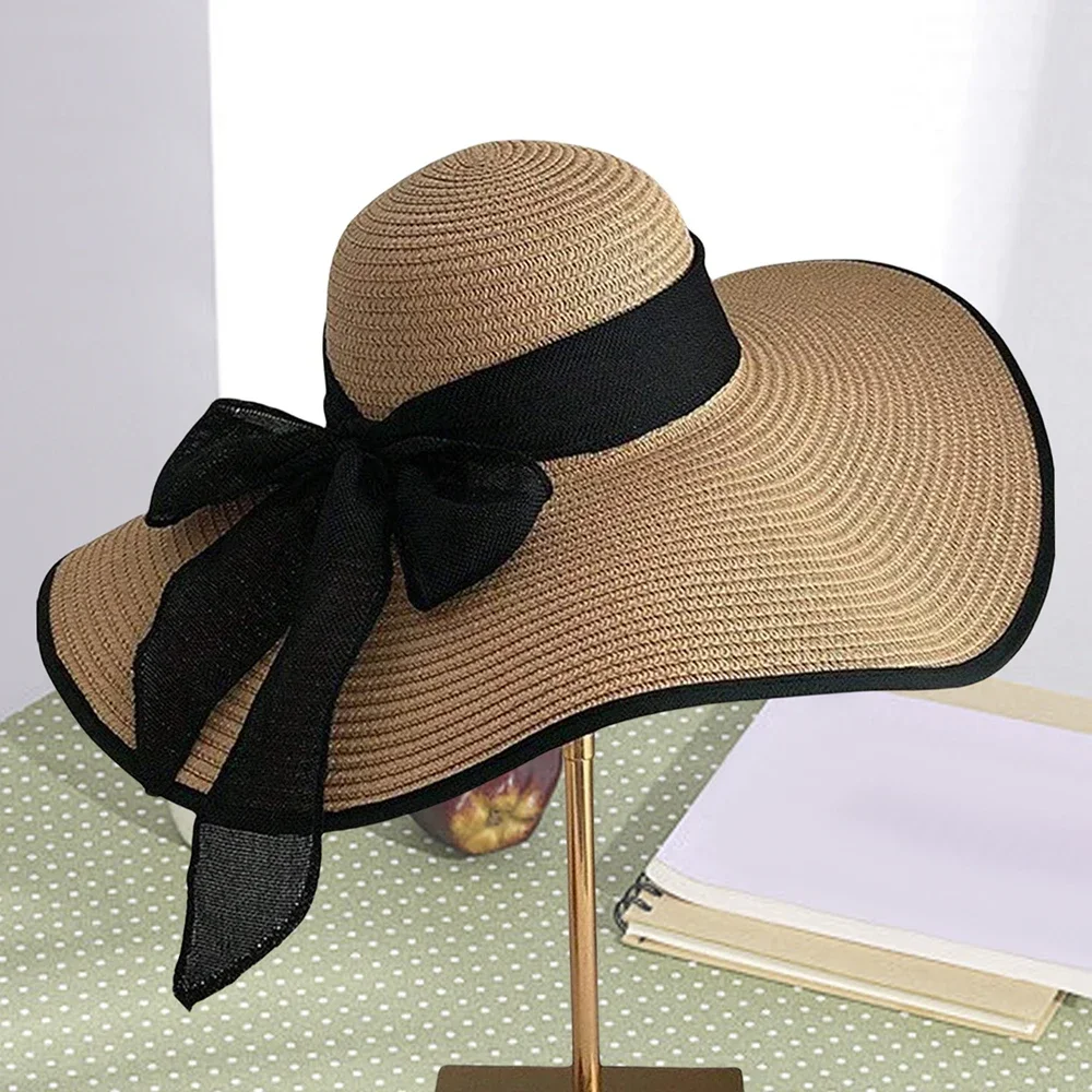 1Pc Women's Seaside Bow Beach Hat Oversize Straw Hat Women's Summer Sun Block Big Brim Hat Suitable For Sun Protection - Image 5