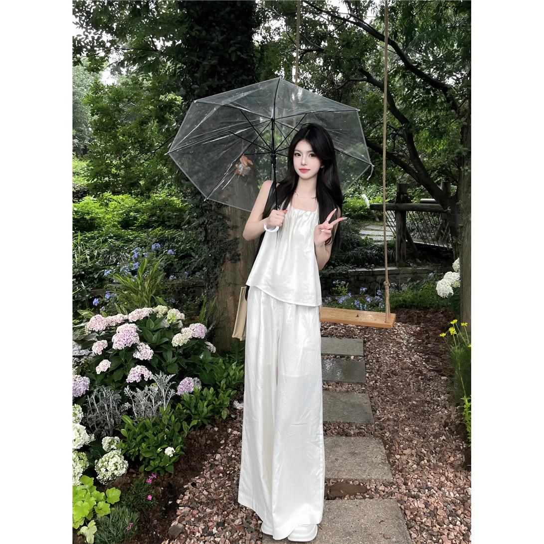 Fashion Set Women's Sleeveless Suspender Top 2024 Summer Korean Straight Leg Wide Leg Pants Temperament Two-piece Set Fashion
