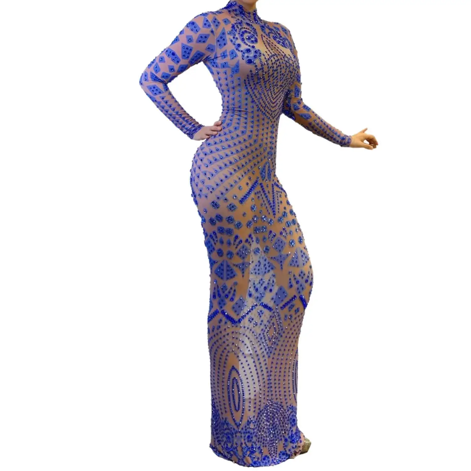 Sparkly Stones Gorgeous Long Dress Sexy Transparent Crepe Evening Prom Celebriate Birthday Dress Performance Costume W2301021