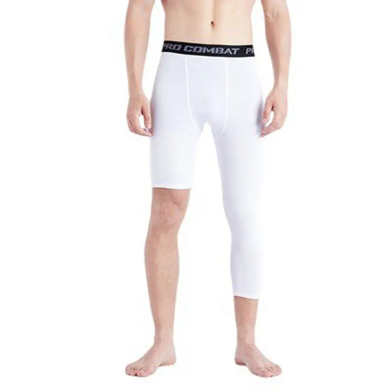 Mens Gym Taining Pants Single Leg 3/4 Length Pants Compression Jogging Five-Point Black White Sports Tights