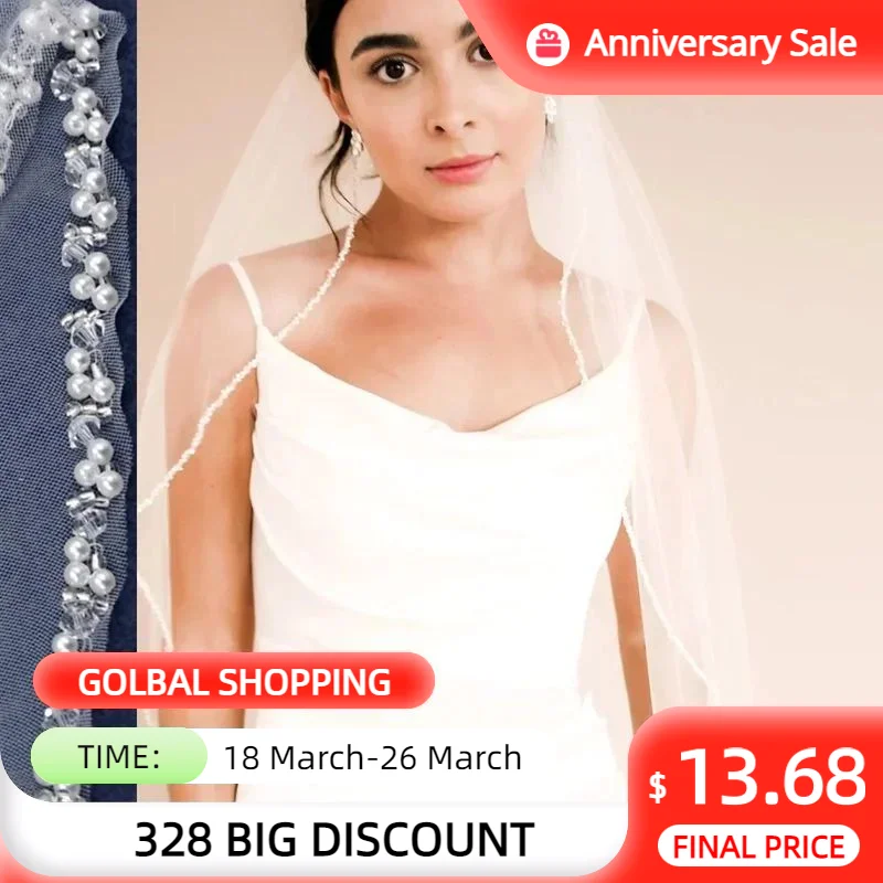

V175 Wedding Veil Crystal & Pearl Beaded Veil Bridal Veils Crystals Hand Sewn Beading & Petite off White Pearls 1 Tier Soft