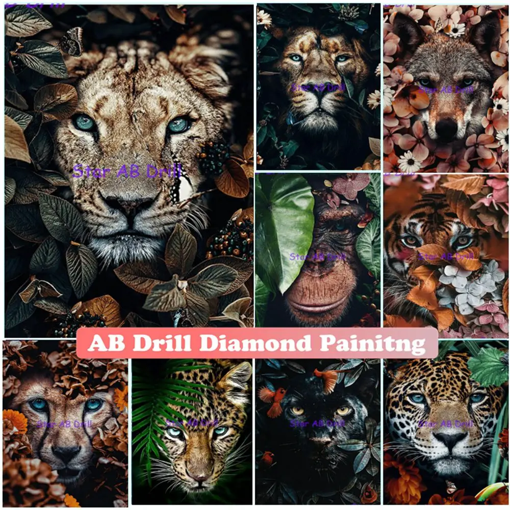 

King of Jungle Lion Tiger Leopard Diamond Painting Flower Leaves Animals Art 5d Diy AB Drill Mosaic Cross Stitch Kit Home Decor