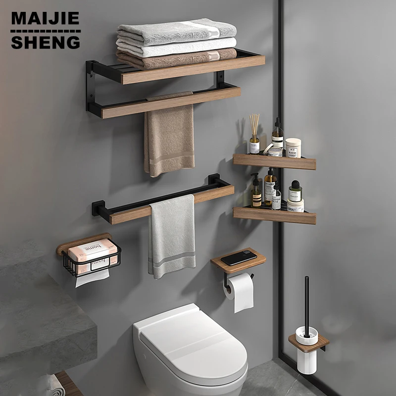 Banyo donanım seti, siyah ahşap banyo aksesuarları duvara monte havlu  askısı, havlu Bar, tuvalet fırçası, havlu kancaları, kağıt tutucu
