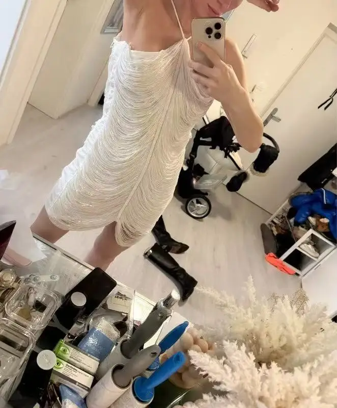 2025 Summer Dress for Women Sleeveless Halter Lace Up Mini Dress Backless Fashion Tassel Luxury Shiny Party Dresses Beading photo review