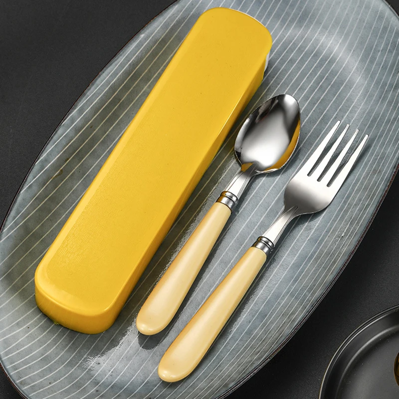 Cutlery Set 2Pcs/Set Portable Spoon Fork Combination Travel Tableware Stainless Steel With Box For Kid School