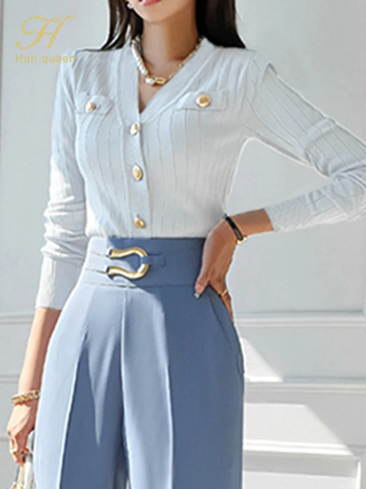 H Han Queen 한국 세련된 v 넥 니트 카디건 스웨터 여성용 캐주얼 기본 긴 소매 가디건 가을 빈티지 스웨터 탑