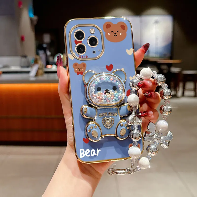 Pearl Strap Lanyard Love Bear Phone Holder Case - Anti-Knock Cover
