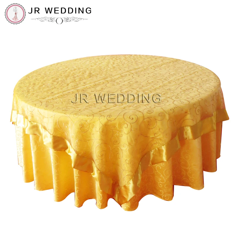 

Mordern 2 pcs 90*90inch Square Embroidery Gold Organza Table Overlay with Satin Trim Satin Edge Table Cloth For Wedding