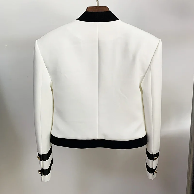 High Quality  Fashion Black And White Stitching Striped Commuting Metal Button Decoration Long-Sleeved Woman Jacket Coat