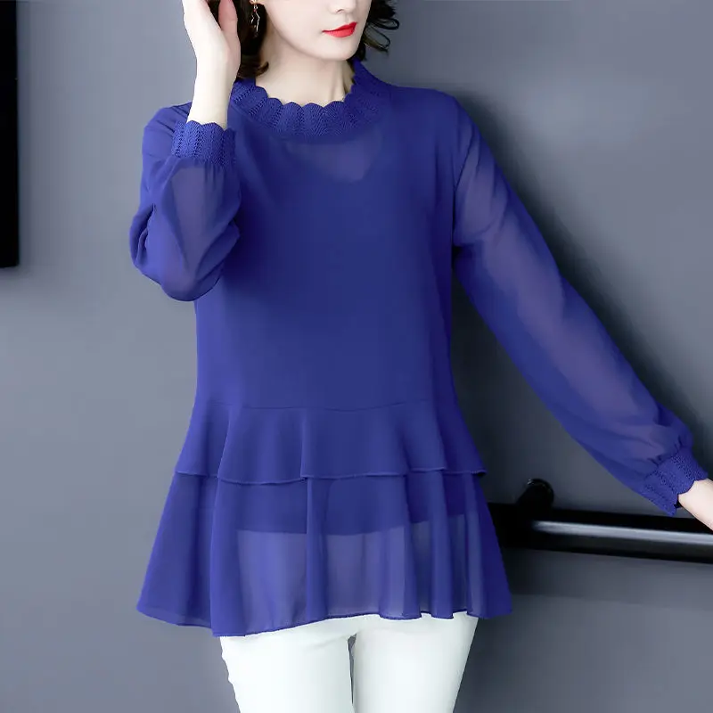 

Middle-aged mother chiffon shirt long-sleeved blouse 2023 spring new medium long bottoming shirt set chiffon slim shirt blouse