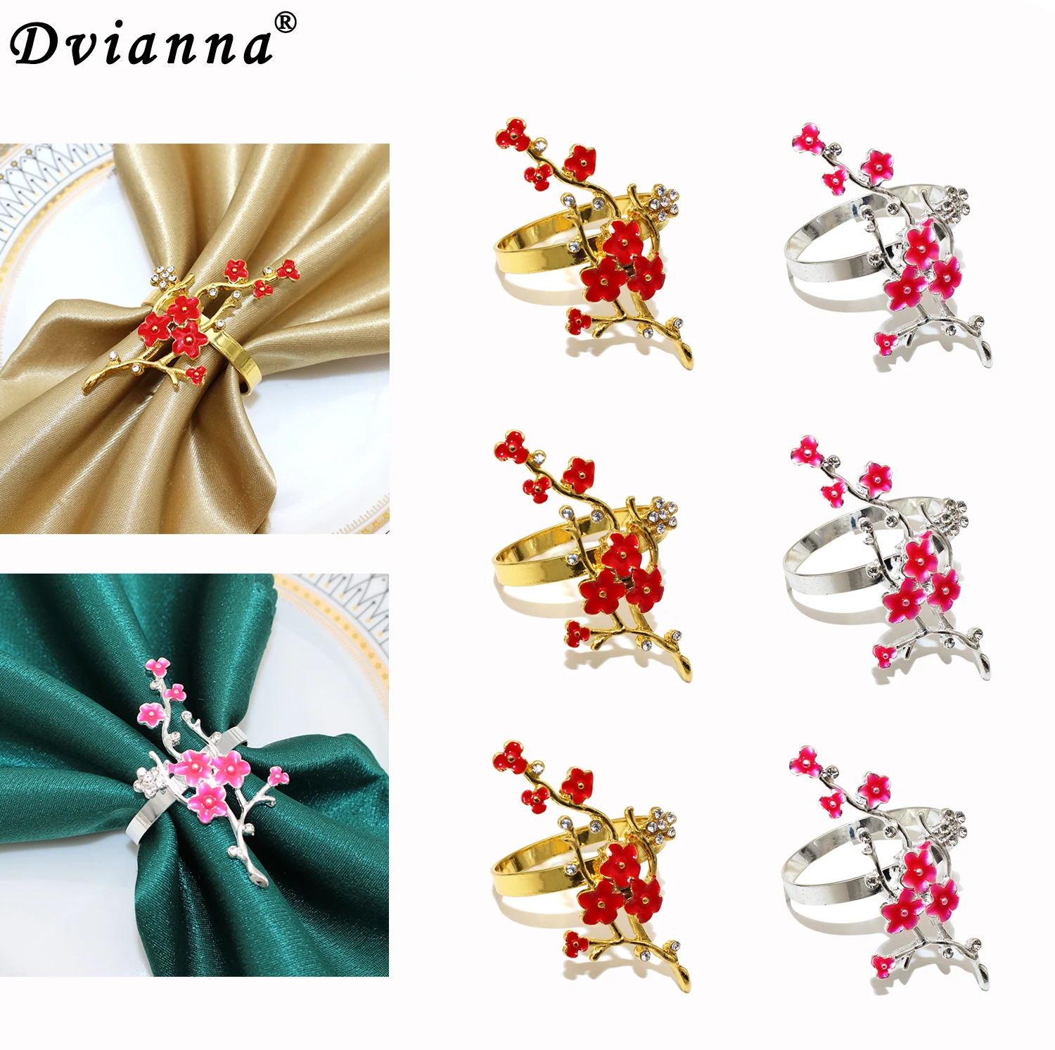 

6Pcs Plum Blossom Napkin Rings Gold Floral Serviette Buckle for Wedding Party Banquet Thanksgiving Halloween Dinner Table Decor