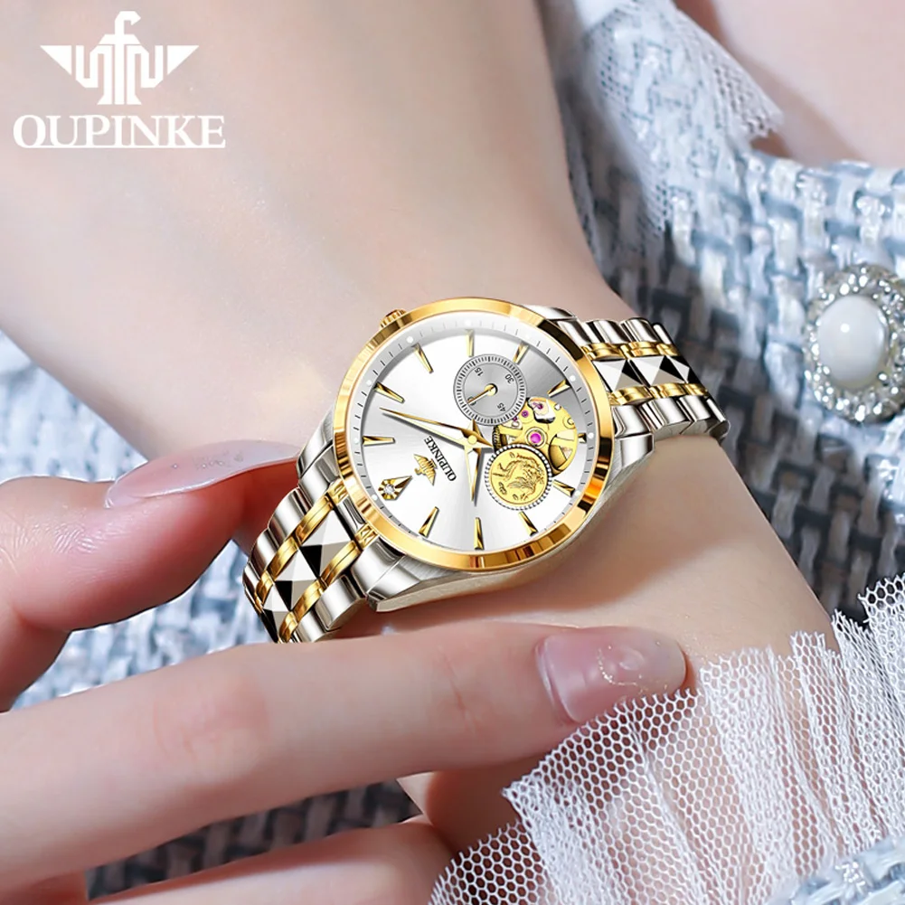OUPINKE 3260 Real Diamond Watch For Women Japan Mechanical Movement Hollow Woman Watch Deep Waterproof Luxury Ladies Wristwatch