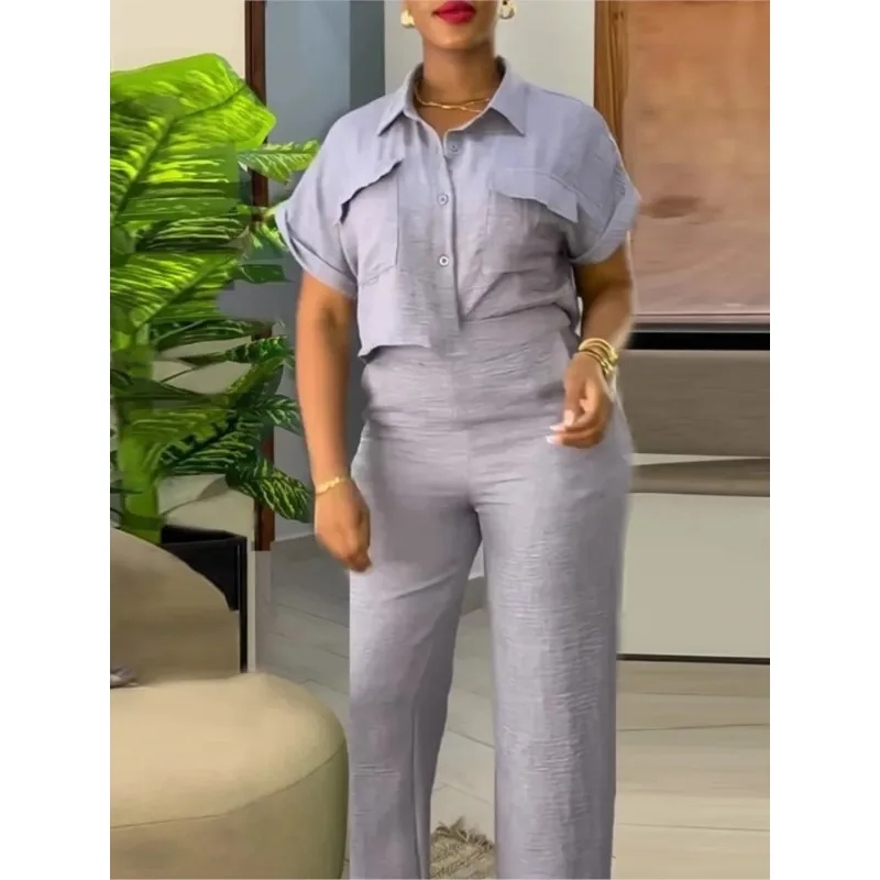 Women's Two Piece Sets Spring Summer Casual Solid Turn-down Neck Short Sleeve Loose Top & Wide Leg Pants Set  Streetwear Outfits