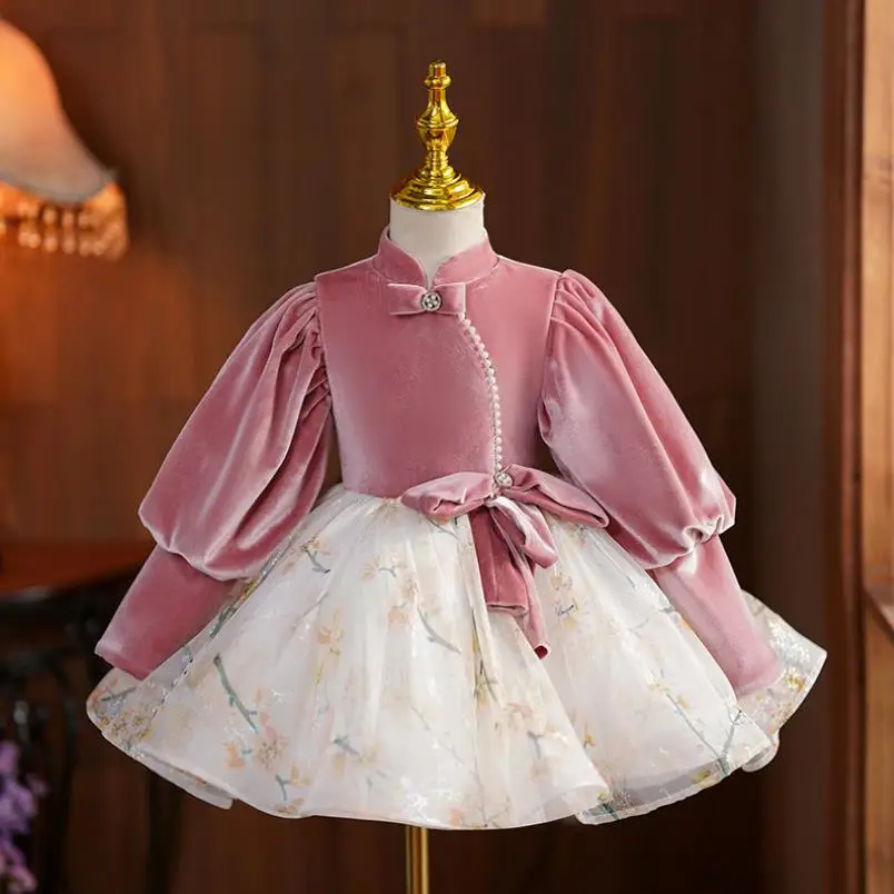 

Children's Princess Evening Gown Bowknot Bead Design Wedding Birthday Baptism Eid Party Dress Girls' Christmas Clothing A2238