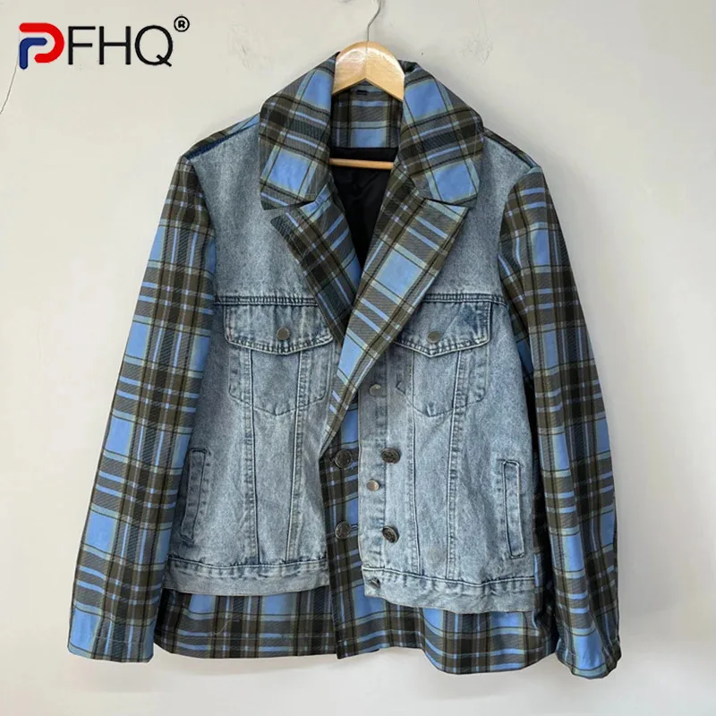 

PFHQ Denim Deconstruction Plaid Blazers Men's High Street Patchwork Handsome Heavy Industry Fashion Casual Suit Autumn 21Z2341