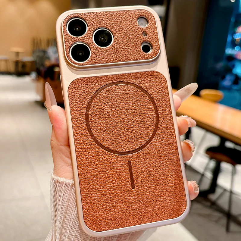 Magnetic Wireless Charging Case For Iphone Pro Max With Lychee Leather Texture And Shockproof Protection_voghion.com