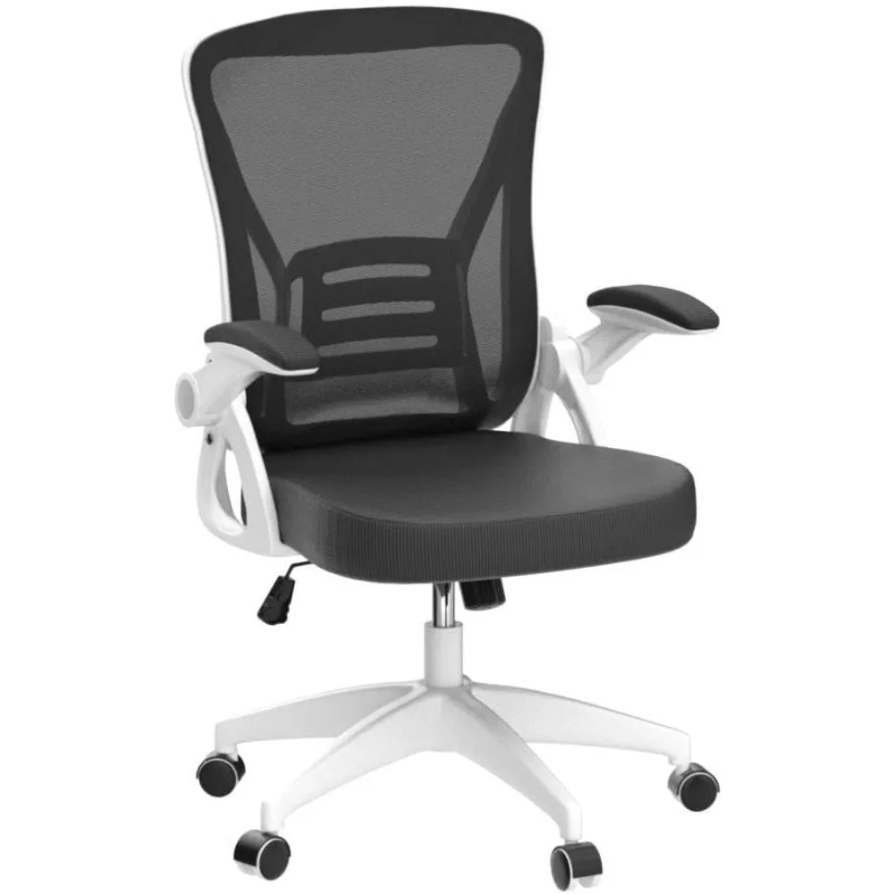 "ergonomic mid-back office chair with adjustable height, flip-up armrests, lumbar support, and breathable white design"