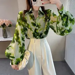 Women's Spring and Autumn New Fashion POLO Collar Print Button Casual Versatile Lantern Sleeve Loose Chiffon Shirt Cardigan Tops
