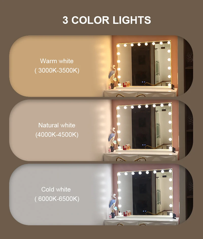 Square Base Large Touch Sensor Switch Touch Screen with LED Light Make Up Makeup Hollywood Vanity Cosmetic Mirror