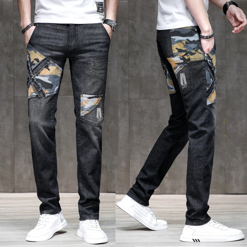 

Men Black Jeans Slim Fit Stretch Patchwork Camouflage Print Streetwear Male Denim Pants Motocycle Men's Clothing Full Trousers