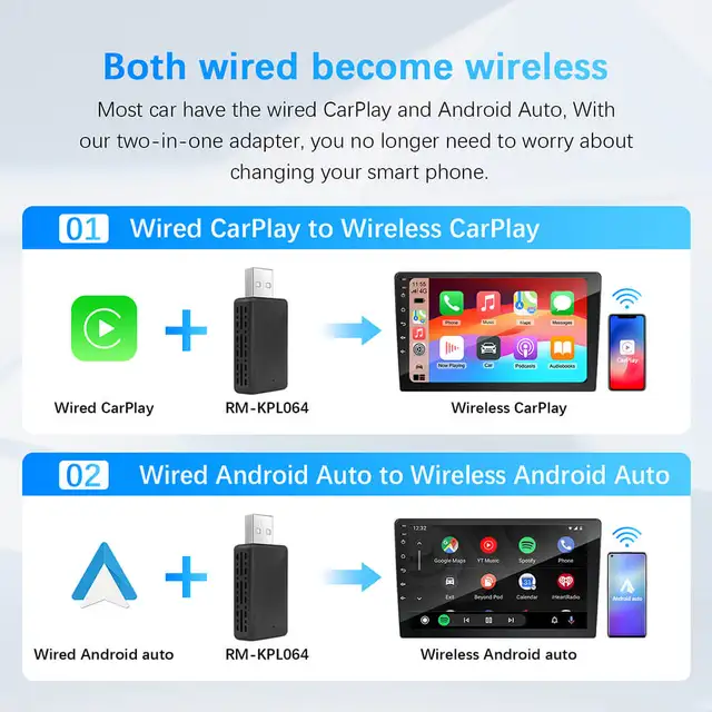 2in1 Wired to Wireless CarPlay Android Auto Adapter for OEM Car Stereo With USB Plug and Play 3
