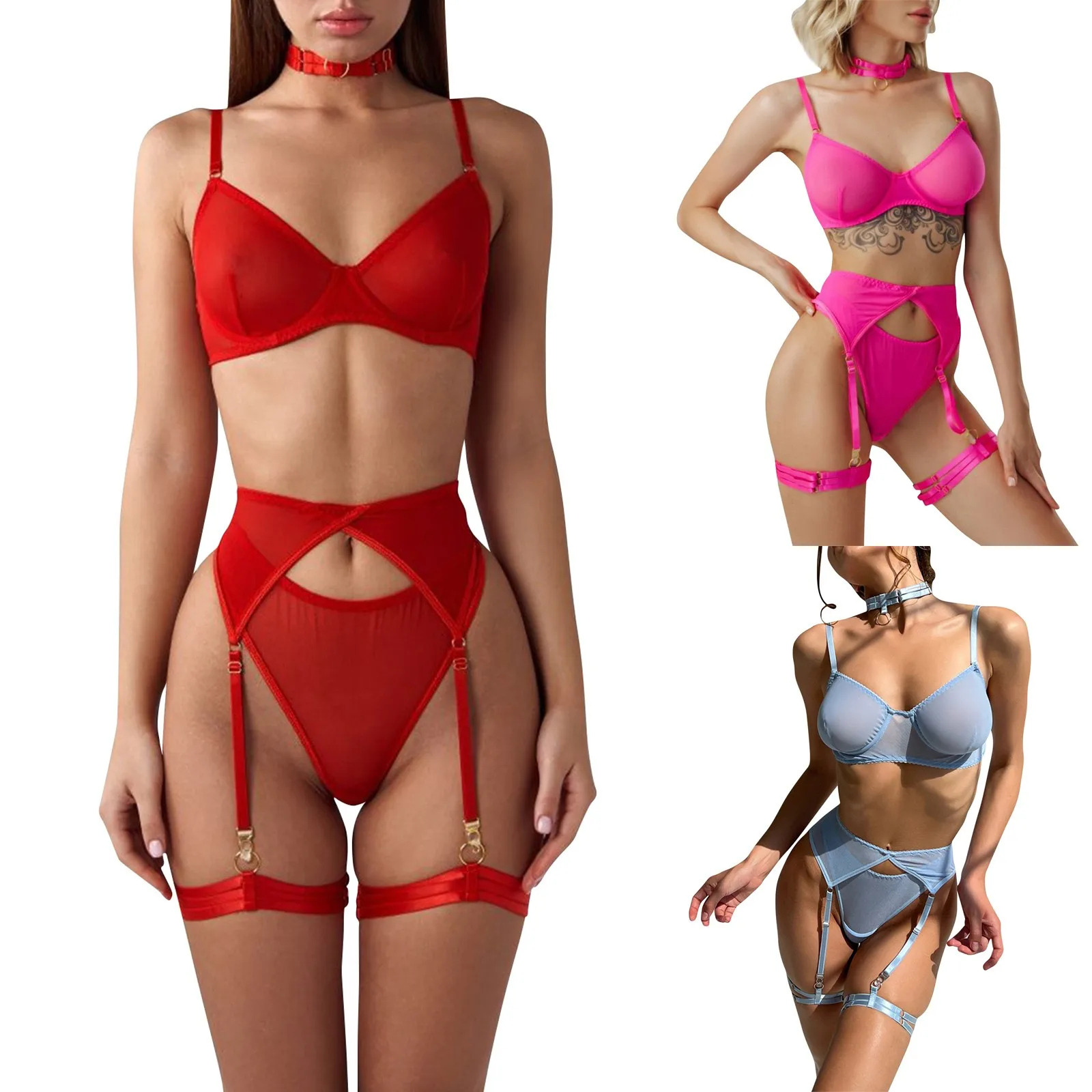 

Aduloty Ladies Sexy Lingerie Thin Section Hollow Perspective Lace Splicing Erotic Underwear Underwire Four-Piece Suit Bra Set