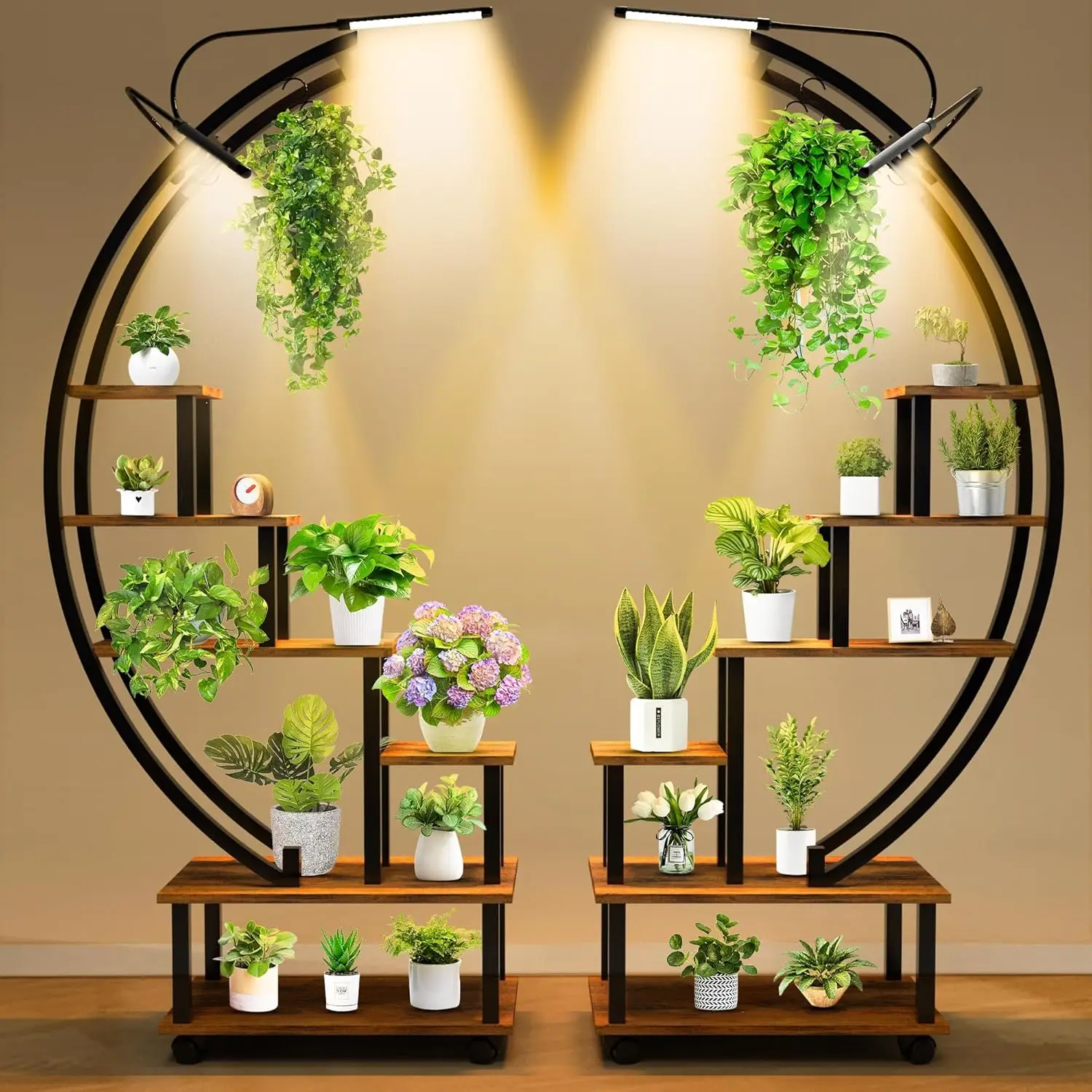 6-Tier Plant Stand with Grow Light – Tall Indoor Ladder Shelf with 4 Hanging Hooks