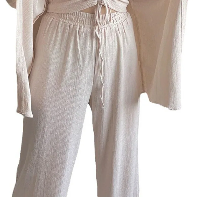 Pant Sets Women Solid Three Pieces Set Long Sleeve Cropped Button Shirt Loose Wide Leg Trouser Work Sporty Suits Streetwear