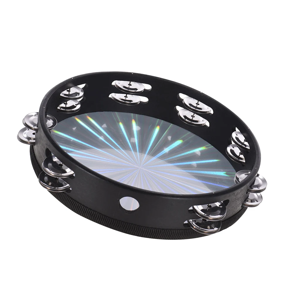 10 Inch Wooden Radiant Tambourine Handbell Hand Drum Double Row Jingles Reflective Drum Head Musical Percussion Instrument hand tambourine wooden hand bells