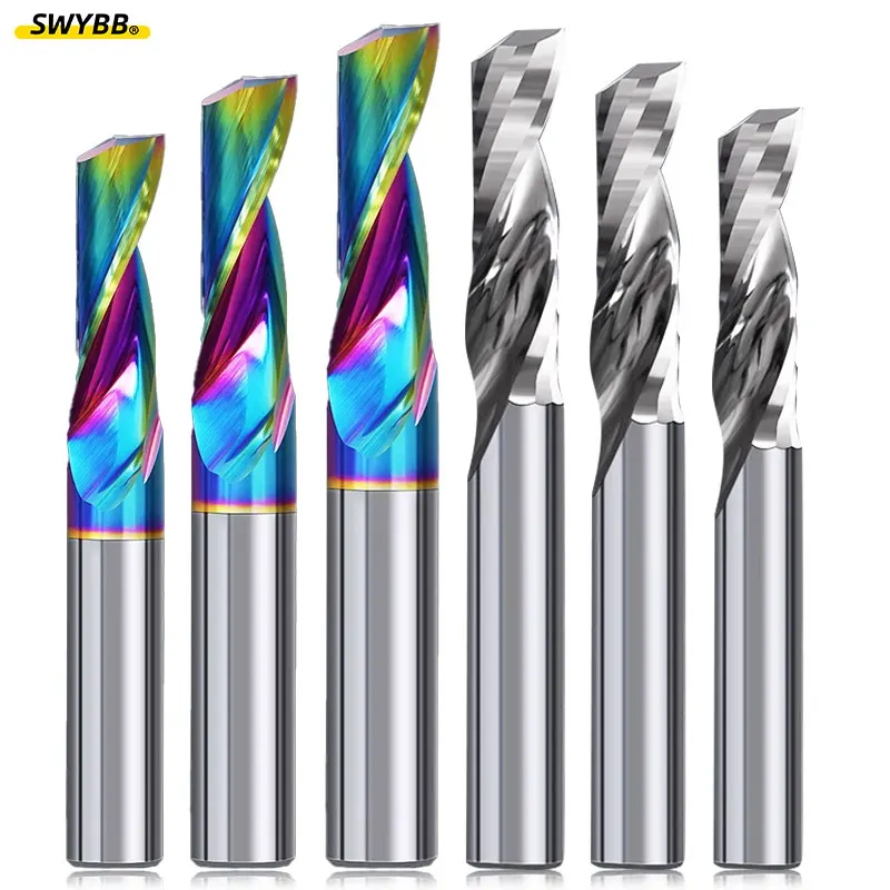 SWYBB CNC Engraving Cutter 1F One Flute End Mill Single Tooth Spiral 1 2 3.175 4 5 Shank 3D Bit for Aluminum Acrylic Wood, carbide milling cutter