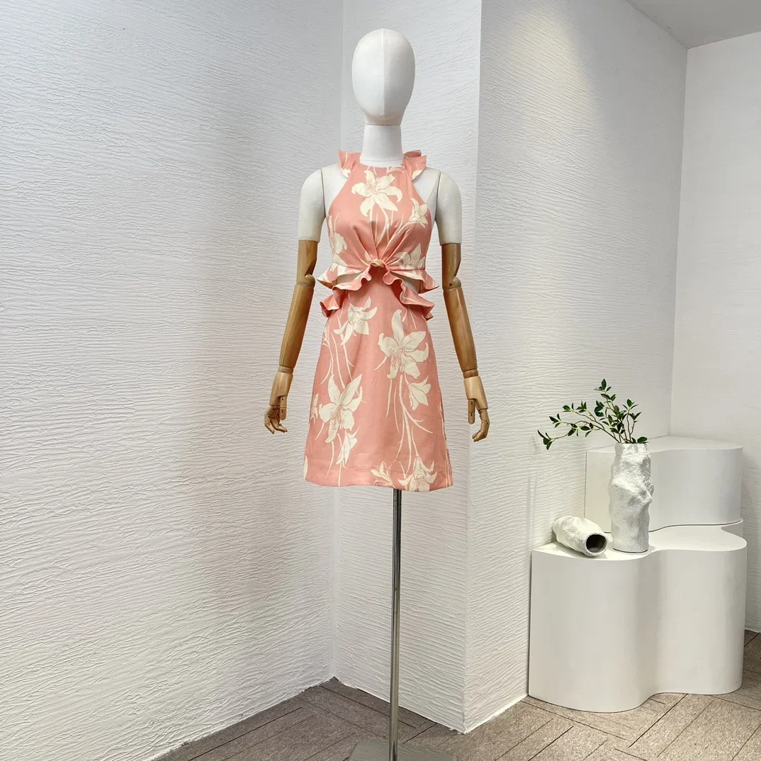 

2024 New Collection Linen Pink Ivory Floral Tie Back Frills Patchwork Cutaway Waist Sleeveless Mini Dress for Holiday