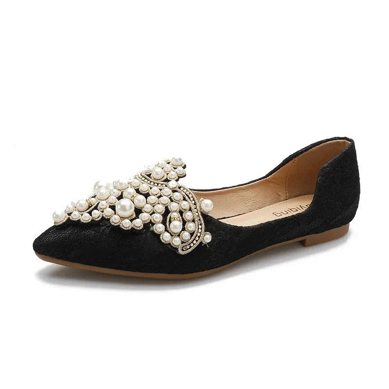 Shoes Women 2023 Designer Beads Wedding Lace Embroider Flats Woman