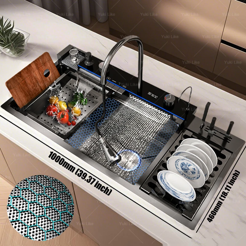 อ่างล้างจานสแตนเลสน้ําตกใหม่พร้อมชั้นระบายน้ําจอแสดงผลดิจิตอลขนาดใหญ่ช่องเดียวล้างจานอ่างล้างจานล้างชาม 1