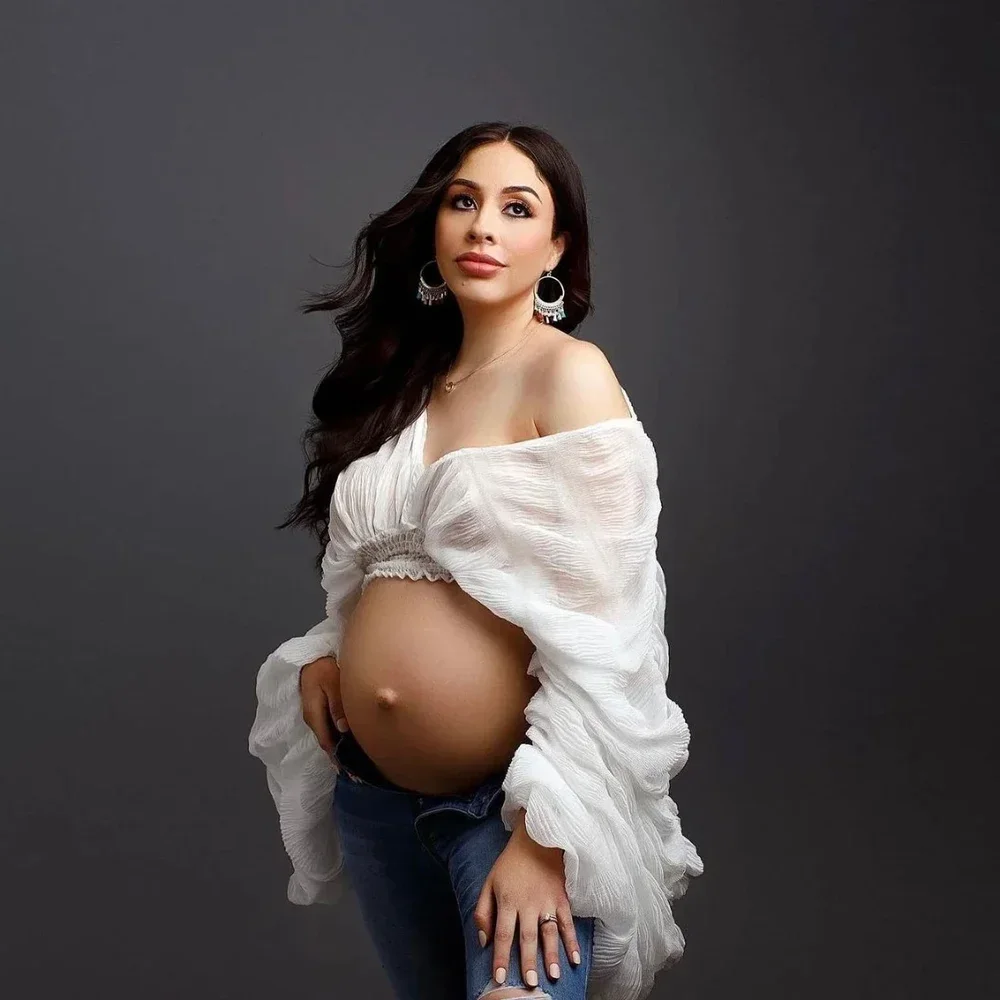 Chiffon Summer Maternity Dress Photo Shooting Pleated Top Flare Sleeve See Through Pregnancy Photography Outfit Women Clothing