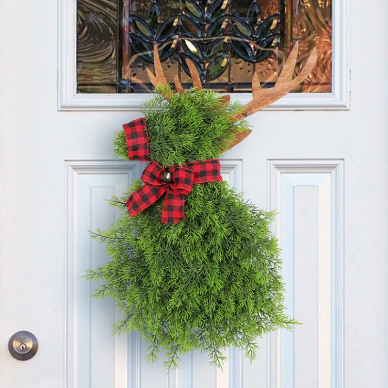 

2023 Christmas Wreath Simulated Pine Needle Elk Door Hanging Wreath Outdoor Courtyard Pendant For New Year Xmas Decoration