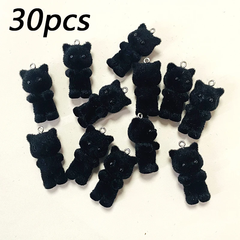 30 Uds. De dijes de gato negro al por mayor, lotes de venta, bonito colgante de Animal esponjoso en miniatura para llavero, collar, fabricación de joyería Diy