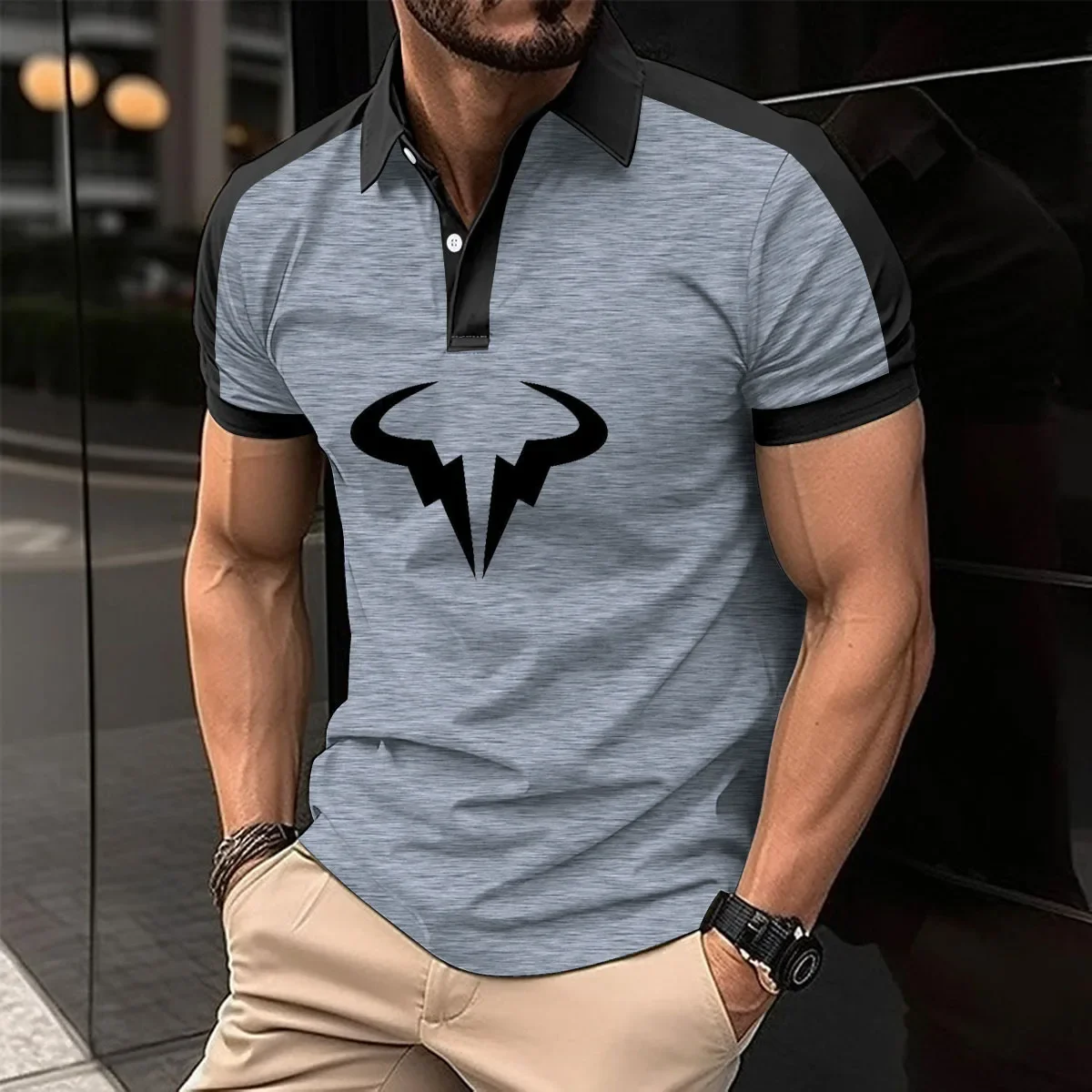 Description Picture 6 of itemSummer 50% Cotton Shirt Rafael Nadal print New Men's Breathable Short Sleeved Polo Shirt Casual Contrast Color men's golf shirt