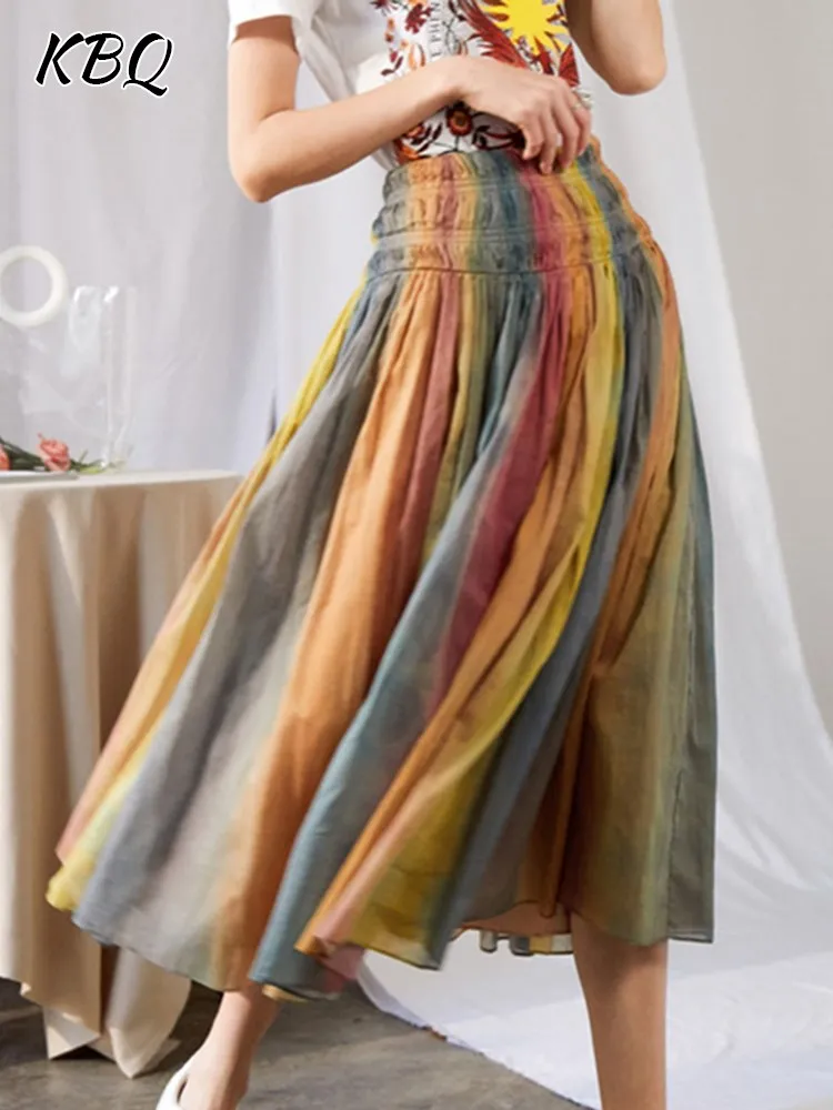 KBQ Rainbow Striped Pleated Skirts For Women High Waist Loose A Line Colorblock Midi Sheer Skirt Female Fashion Style Clothing rainbow